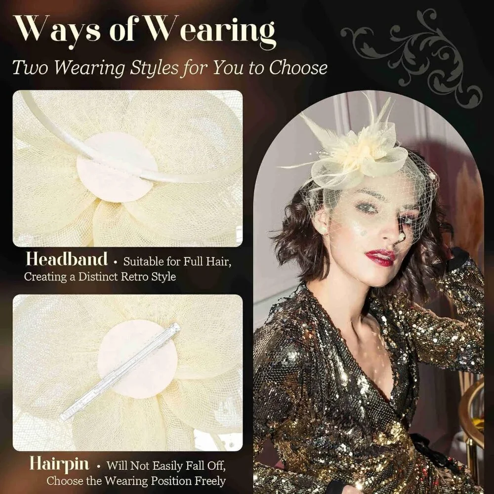 Women Fascinators Hat Feather Mesh Vintage Lace Tea Party Headband Clip